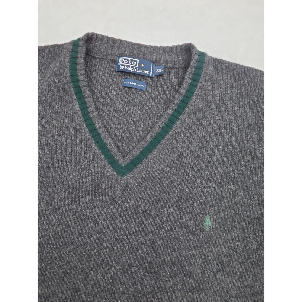 90s Polo Ralph Lauren 100% Lambswool V-Neck Sweater Mens XXL Green Stripe Pony